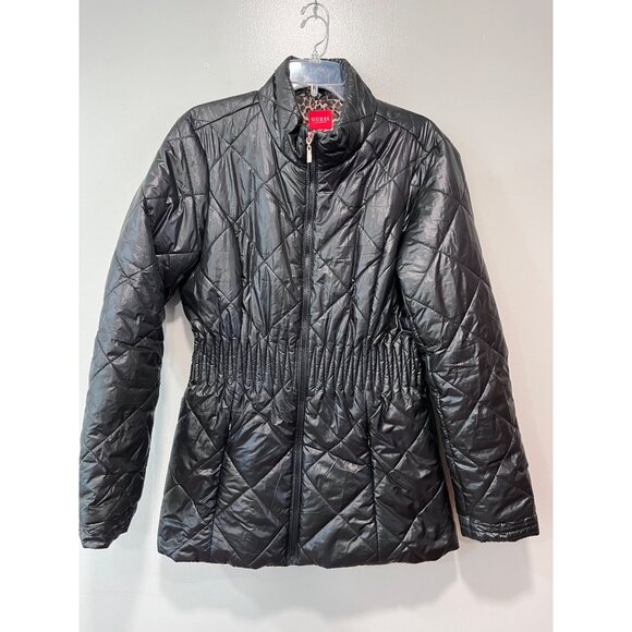 Guess Womens Quilted Black Jacket With Elastic Waist & Zipper‎ Closure Size XL - Picture 1 of 10